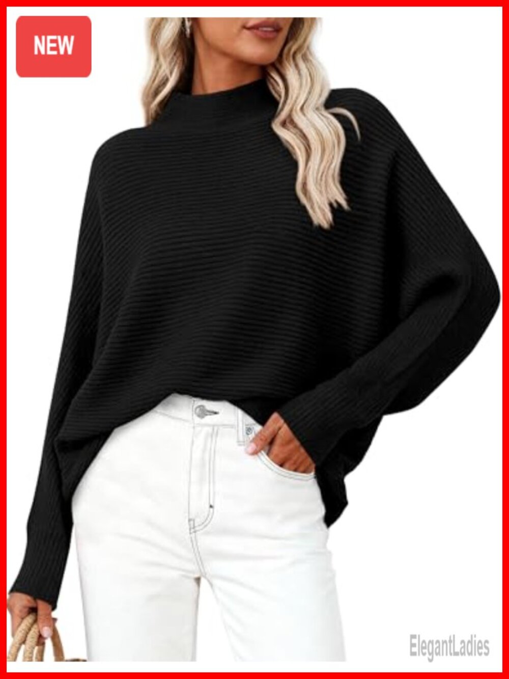 Women's Oversized Ribbed Knit Mock Neck Batwing Sleeve Sweater Pullover